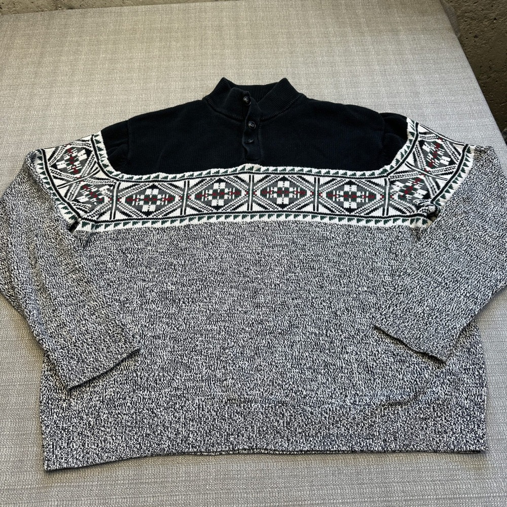 Chaps Fair Isle Sweater XXL Black‎ Gray Southwestern 1/4 Button Pullover